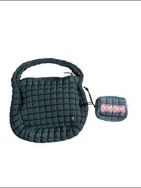 Free People Quilted Puffer Shoulder Bag Green Nylon Hobo w/ Matching Zip Pouch